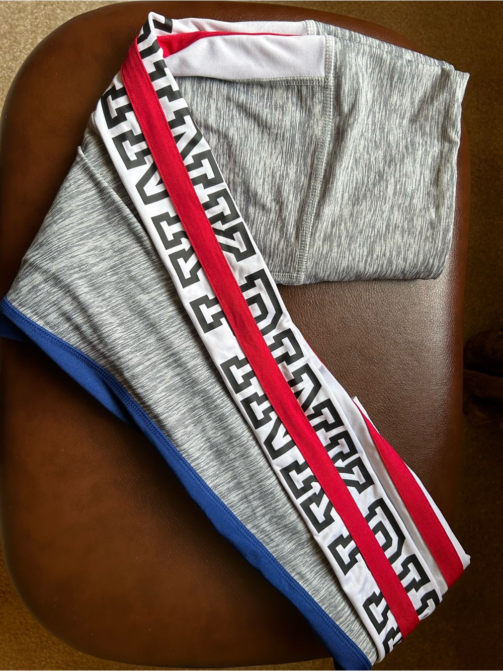 PINK Victoria's Secret Blk/Gray Heather Leggings with Red, Navy & White Stripes